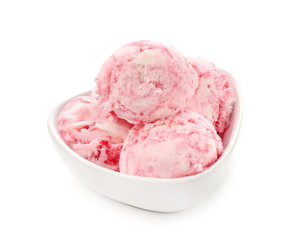 Bowl with delicious raspberry ice-cream on white background