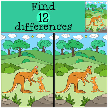 Educational game: Find differences. Mother kangaroo with her baby.