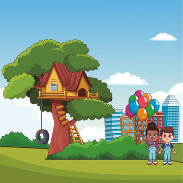 Boy and girl with balloons at park with tree house vector illustration graphic design