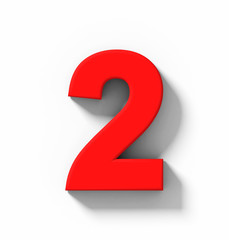 number 2 3D red isolated on white with shadow - orthogonal projection