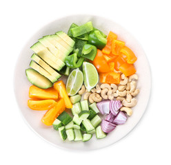 Plate with fresh vegetable salad on white background