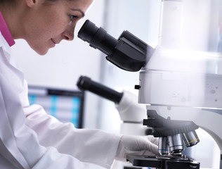 Scientist viewing human sample on glass slide under microscope