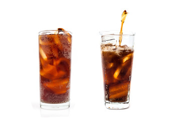 Drink cola with ice in glass on white background