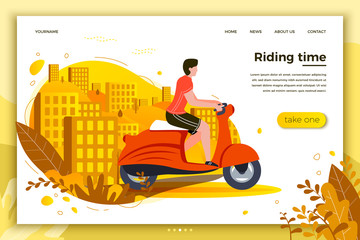 Vector illustration - man riding on motorbike. Park, city, trees and hills on background. Banner, site, poster template with place for your text.