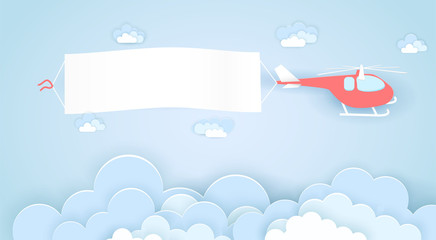 Flying helicopter with empty advertising banner vector concept in paper art origami style. Template for a text web banners, paper cut craft design © skypicsstudio