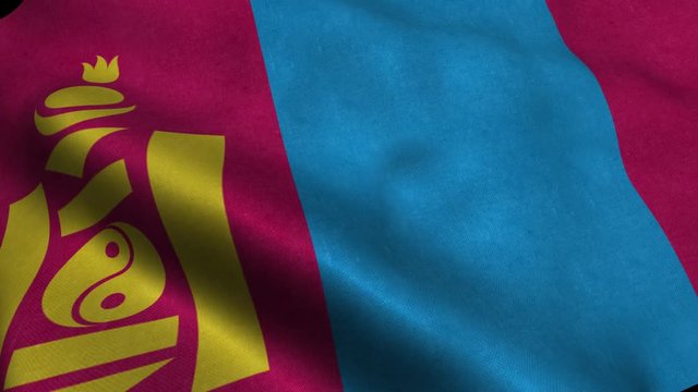 Photorealistic 4k Close up of mongolia flag slow waving with visible wrinkles and realistic fabric. A fully digital rendering, 3D Animation. 15 seconds 4K, Ultra HD resolution mongolia flag animation.