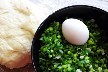 Products or ingredients for cooking patties. The filling consists of onions and eggs. Pirozhok - a dish of Russian and European cuisine from the dough with stuffing. Selective focus, copy space.