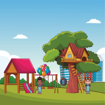 Kids playing at park with tree house cartoons vector illustration graphic design