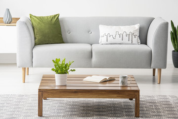 Simple, wooden coffee table in front of a gray settee with fashionable pillows in a monochromatic...