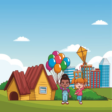 Beautiful girls with kite and balloons at park vector illustration graphic design