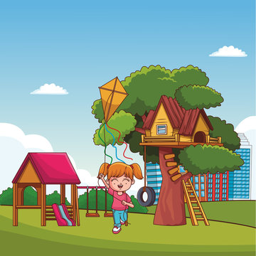 Beautiful girl flying a kite at park vector illustration graphic design