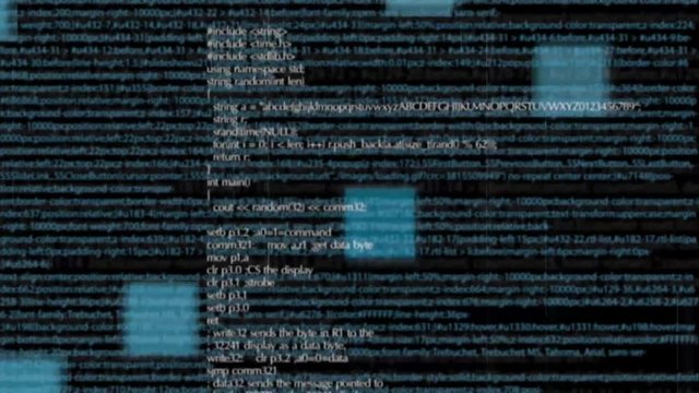 Information flow. Computer program code with geometric shapes flying on pure black. Digital network concept. Abstract technology background. 3D rendering.