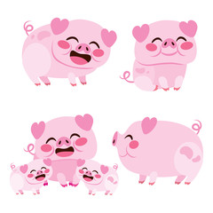 Cute set collection of happy pig smiling sitting and mother with piglets isolated on white background