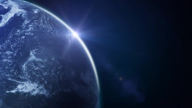 Beautiful HD Earth Planet Rotation Loop/
Animation of a realistic earth planet surface rotating 24h with cloudscape motion and lens flare effect