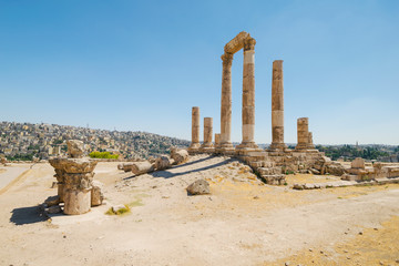 The ancient Roman agora and temples on top of a hill over Amman city, Jordan, Middle East.