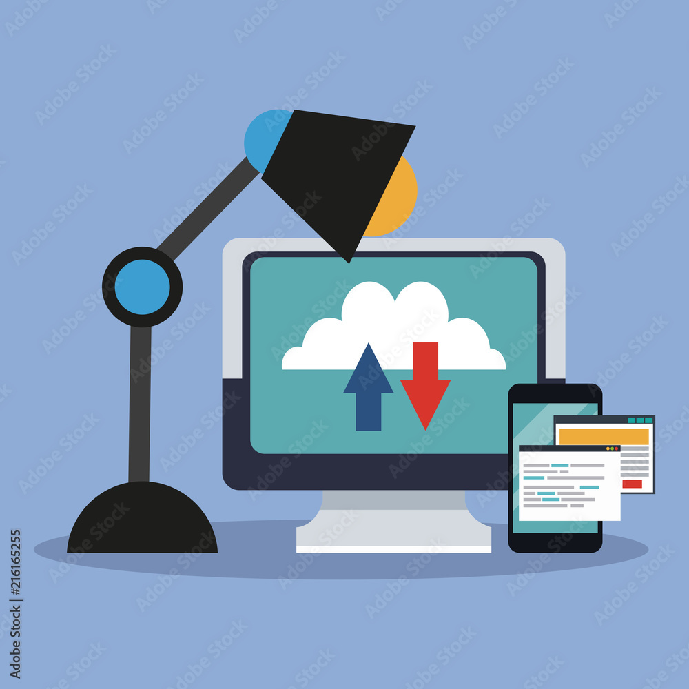 Poster computer and smartphone with codes vector illustration graphic design