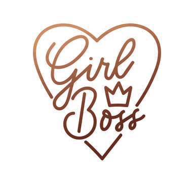 Girl boss quote with handdrawn lettering, crown and rose gold heart. Vector motivational poster.