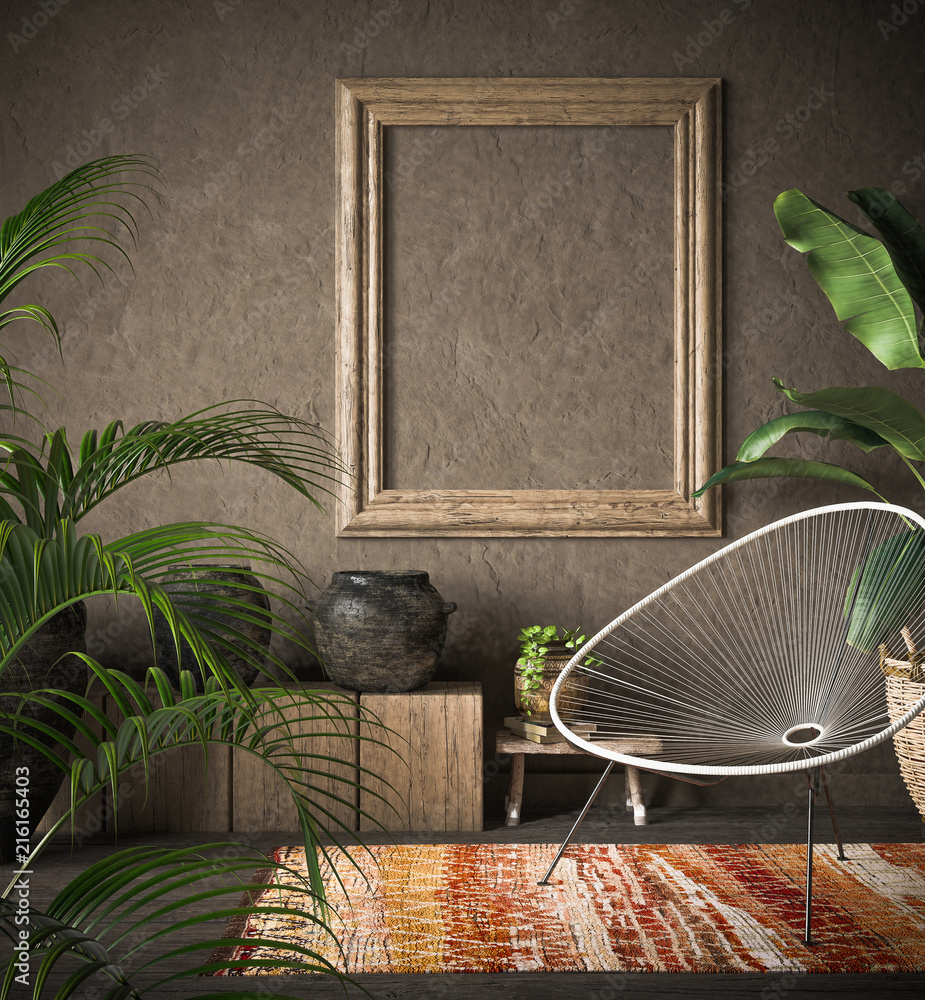 Wall mural Old wooden frame mock-up in ethnic interior, 3d render