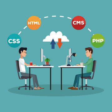 Programmers with software and programming symbols vector illustration graphic design