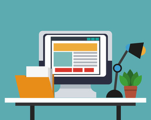 programming computer on desk with light and folder vector illustration graphic design