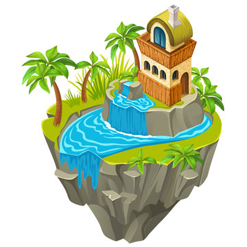 3d isometric building on jungle island for computer games. Сottage and elements landscape design. Isolated vector cartoon illustration.