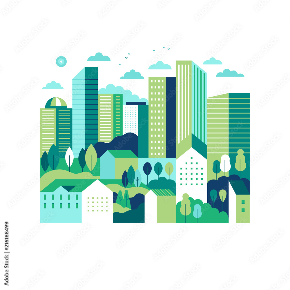Poster vector illustration in simple minimal geometric flat style - city landscape with buildings and trees