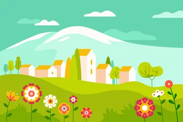 Foto op Plexiglas Vectorillustratie in eenvoudige minimale geometrische vlakke stijl - dorpslandschap met gebouwen, heuvels, bloemen en bomen © venimo