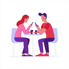 Vector illustration in flat linear style -  friends drinking coffee and chatting using mobile phones