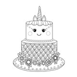  Unicorn  cake coloring  book for adult Vector illustration 