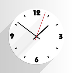 flat simple analogue wall clock with drop shadows vector illustration