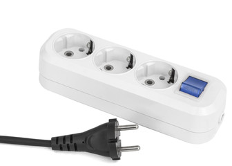 White electric splitter with blue switching  for for simultaneous switching of several electrical...