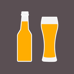 Glass of beer and bottle flat icon. Symbol Template Logo. Vector isolated illustration.