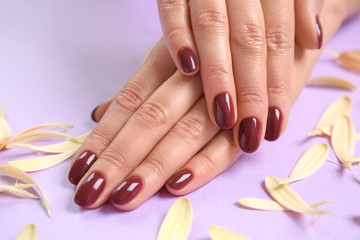 Hands of woman with stylish manicure and flower petals on color background