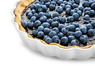 Delicious blueberry pie on white background, closeup