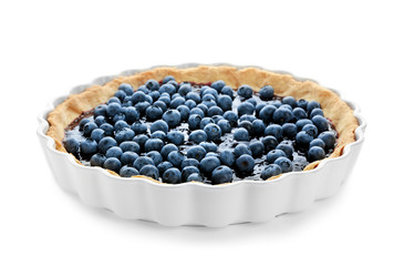 Delicious blueberry pie on white background
