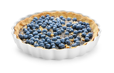 Delicious blueberry pie on white background