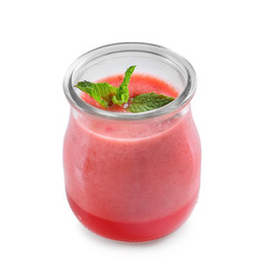 Glass jar with tasty raspberry smoothie on white background
