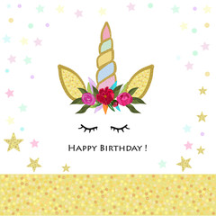Unicorn birthday invitation. Magical Unicorn Birthday party shining card. Baby shower greeting card © HELIORA