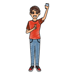 Man talking a selfie with smartphone vector illustration graphic design