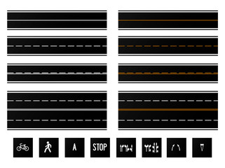 Set of realistic vector horizontal roads and signs. Top view of straight asphalt higways isolated on white background.