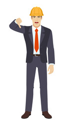 Businessman in construction helmet showing thumb down gesture as rejection symbol