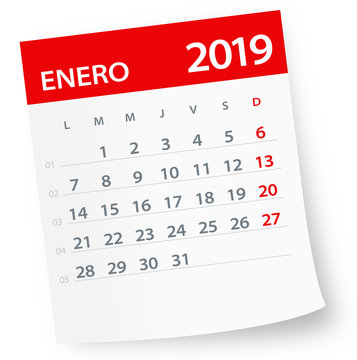 January 2019 Calendar Leaf - Vector Illustration. Spanish version