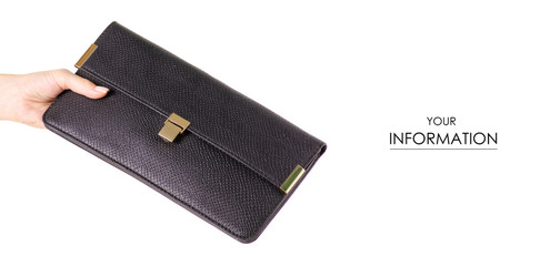 Black leather female bag clutch in hand pattern on white background isolation