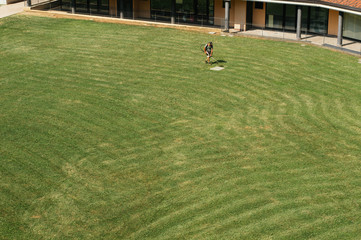 Man works with lawn mower on the wide field. Top view background. Space for text for web sites, brochures, advertising. Sunny weather and bright warm colors. Grass line pattern. Finished work outside