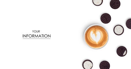 A cup of coffee cappuccino latte cookies pattern on a white background isolated