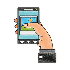 Hand holding smartphone with picture on screen vector illustration graphic design