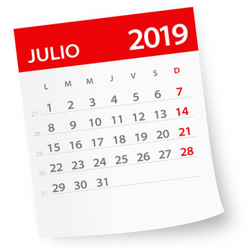 July 2019 Calendar Leaf - Vector Illustration. Spanish version