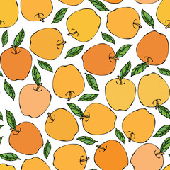 Yellow Apple Seamless Endless Pattern. Red Apple Fruit. Home Brew. Autumn or Fall Vegetable Harvest Collection. Realistic Hand Drawn High Quality Vector Illustration. Doodle Style.