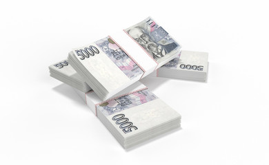 3D realistic render of 5000 stack czech crown ceska koruna national money in czech republic. Isolated on white background.