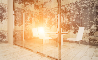 Conference room with wooden table. 3D rendering.. Sunset